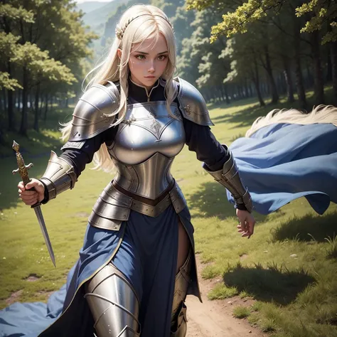 Paladin female soldier, medieval warrior female warrior wearing light attribute armor, magical world（The background is a small medieval town next to a forest）Holding the holy sword solemnly and domineeringly