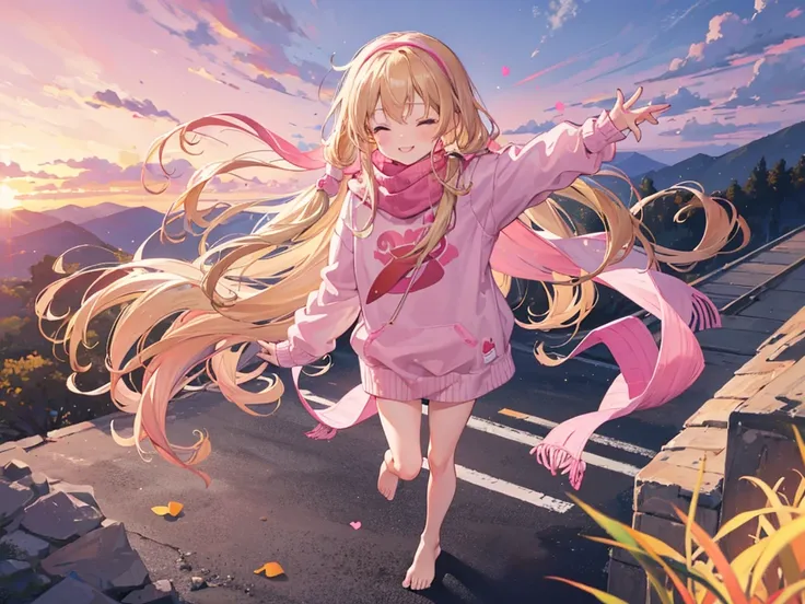 a cute 6 year old church girl named Anna, both brownish blonde hair, long wavy hair, pink white sweater, scarf, no pants, wearing a pink hairband, on a jog, eyes closed, sunset, slight smile, wristbands, barefoot, joyful, energetic 