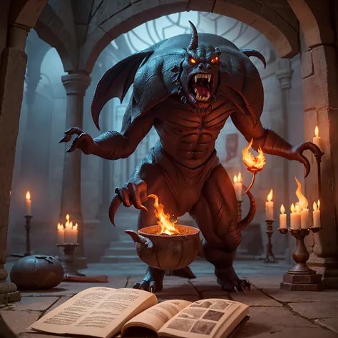 (best quality:1.2,ultra-detailed,realistic:1.37),monster,behemoth,demonic presence,magic,levitating cookbook,central eye, enormous eye,sinister,cauldron,fire,adventurers,caged,Dungeons&Dragons,menacing,shadowy,restrained,magical aura,creepy atmosphere,omin...