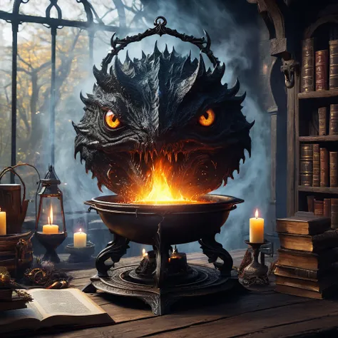 (best quality:1.2,ultra-detailed,realistic:1.37),monster,behemoth,demonic presence,magic,levitating cookbook,central eye, enormous eye,sinister,cauldron,fire,adventurers,caged,Dungeons&Dragons,menacing,shadowy,restrained,magical aura,creepy atmosphere,omin...