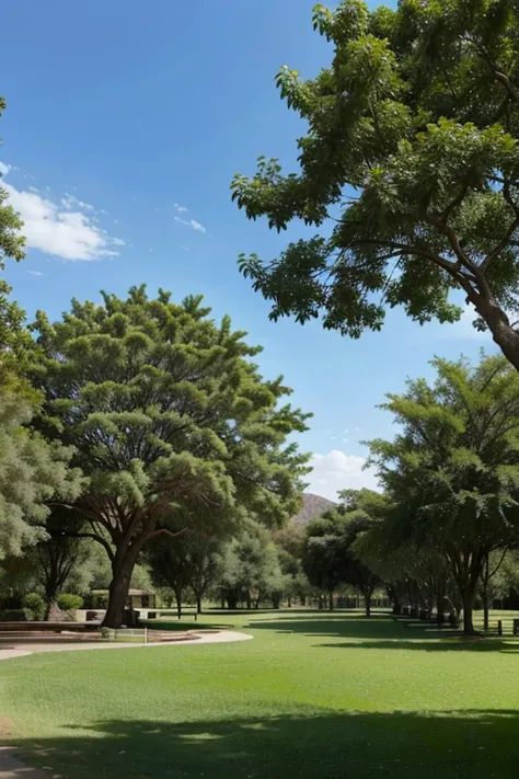 Larges trees with a lush canopy in a park with well-maintained grass and a desert in the background