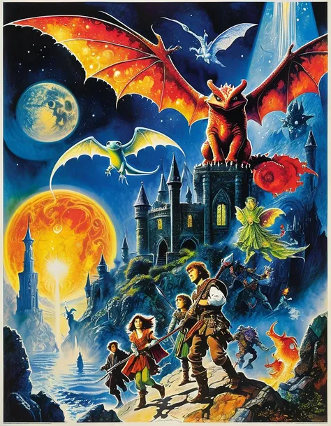 The "Dungeons and Dragons" poster is an amazingly beautiful and very detailed movie poster ((Drew Struzan style)), collage, watercolor, arranged((Marc Chagall style)), magic naive art, primitivism, protogen, ((best quality, Masterpiece)), ((Highest detail)...