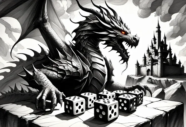 ink sketch capturing a dragon perched upon a castle, hexagonal and octagonal game dice scattered in the foreground, designed wit...