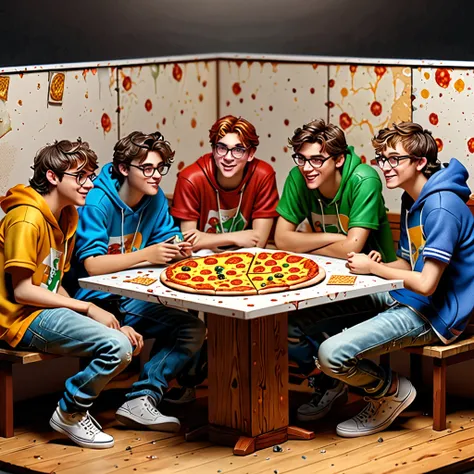 best quality,ultra-detailed,realistic,6 nerds,teenage boys,disheveled,loose clothes,pizza stains,acne,sit around a table,DM screen,battle map,miniatures,dice,books,everyone has a character sheet,portraits,studio lighting,vivid colors