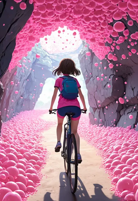 cute anime girl rides a bicycle, in running shorts, short shorts, Cave covered with pink biological cells
