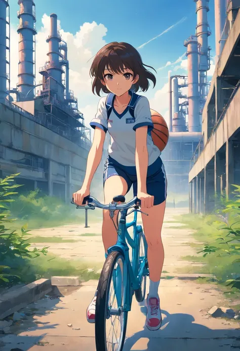 A girl riding a bicycle, at an abandoned petrochemical site, basketball uniform, short shorts,