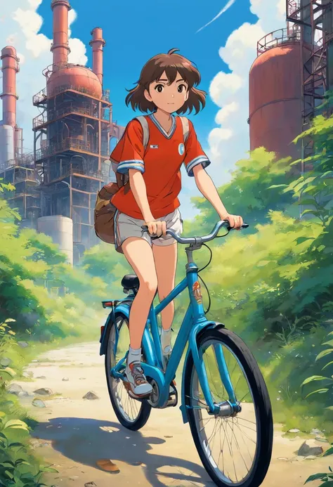 A girl riding a bicycle, at an abandoned petrochemical site, basketball uniform, short shorts,