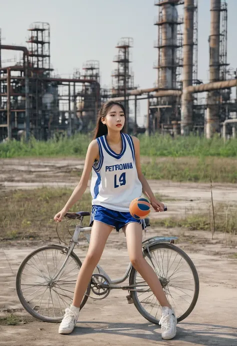 A girl riding a bicycle, at an abandoned petrochemical site, basketball uniform, short shorts,