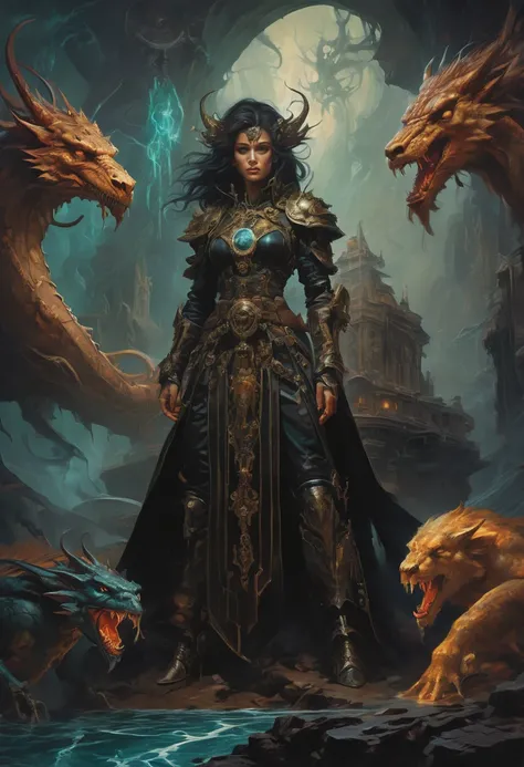 Dungeons & Dragons, by Peter Mohrbacher and Gerald Brom, dark theme, best quality, masterpiece, very aesthetic, perfect composition, intricate details, ultra-detailed