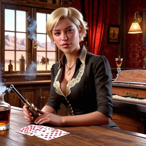 Short Haired Female Cowboy in a Saloon in the Old West,Blonde,Sitting,Smoking Pipe,Table Wisky,Piano,6 Bullet Revolver,Barrel,Table,Playing Cards,Dust,Artwork,3D,4K,Detailed,Realistic