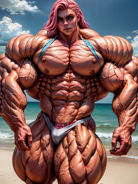 (1 girl:1.25), (cara delevingne:1.25), (a photo of a naked bodybuilder girl on the beach:1.25), (long pink hair:1.35), (huge upper body:1.45), (wide shoulders:1.25), (huge muscular arms:1.45,) (10-pack abs:1.4), (lots of veins:1.25), (thin legs:1.25), Real...