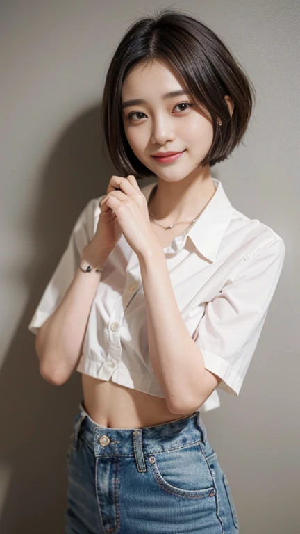 (highest quality、8K、32K、masterpiece、ticker:1.2)、1 girl、beautiful japanese woman、thin waist、、(short bob hairstyle)、(Collar shirt)、Raw shirt、20-year-old、cinematic light、（In a cute pose:1.2)、(smile at someone you like)、