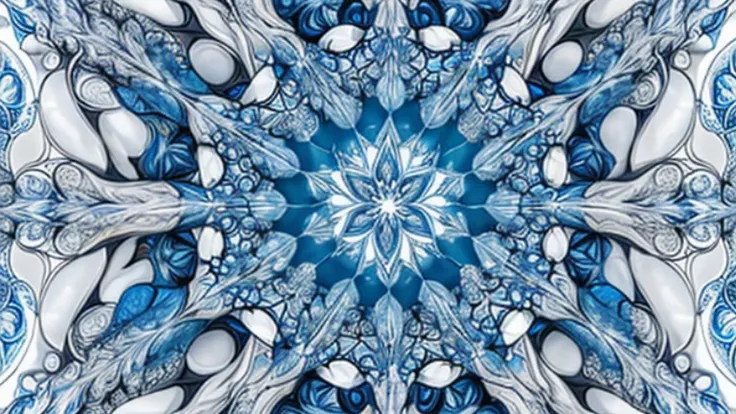 Symmetrical fractal design with star-like patterns in shades of blu and white with intricate details and organic shapes, featuring a kaleidoscope effect