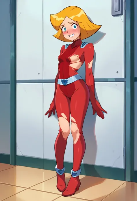 score_9, score_8_up, score_7_up, score_6_up, score_5_up, score_4_up, BREAK 1 naked girl, clover totally spies, blonde hair, short hair, blue eyes, red bodysuit, belt, grin, looking at viewer, standing, upper body, indoors, ((blushing)), ((shy)), ((torn ful...