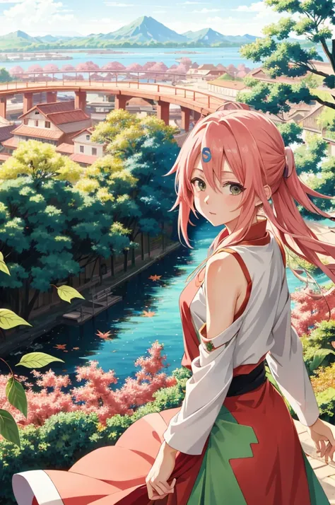 colorful, ((anime)) haruno sakura, long pink hair, green eyes, red dress, ((solo)),  8k, ((leaf village in the background)), ((m...