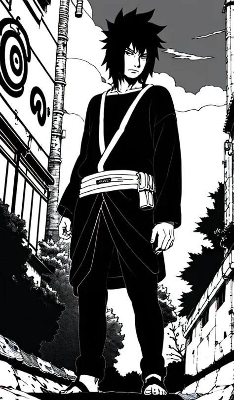 emangaz, shippuden, 1boy, full body, ((monochrome)), grayscale, 8k, ((masterpiece)), hdr, professional