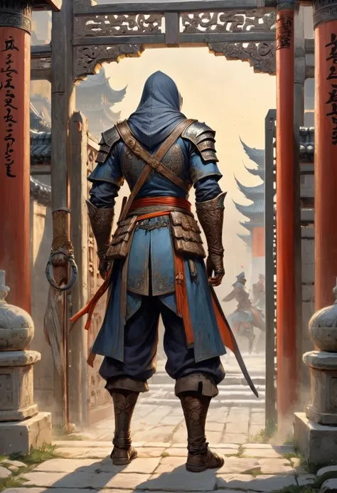 a assassin standing in front of Bode Gate, Legend of heroes, circulating in ancient scrolls, masterpiece, best quality, perfect composition, very aesthetic, absurdres, ultra-detailed, intricate details, Professional, official art, Representative work