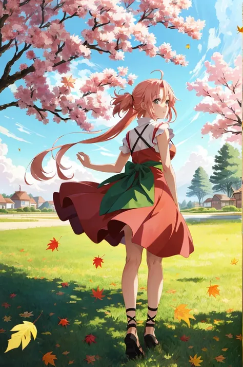 colorful, ((anime)) haruno sakura, long pink hair, green eyes, red dress, ((solo)),  8k, ((leaf village in the background)), ((masterpiece)), HDR, highly detailed, professional  