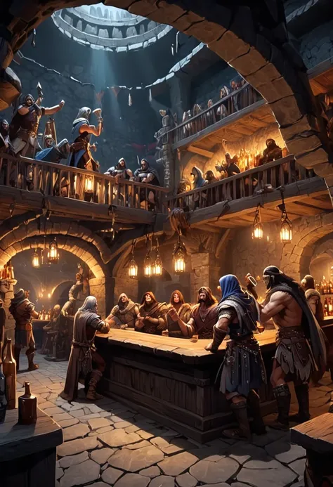 At the end of the dungeon, the bar is brightly lit, Adventurers gather, singing and drinking intertwined, Barbarians, Mages, Assassins, masterpiece, best quality, perfect composition, very aesthetic, absurdres, ultra-detailed, intricate details, Profession...