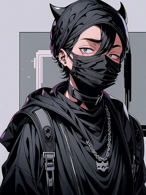 arafed boy wearing a black mask and a black shirt, wearing all black mempo mask, surgical mask covering mouth, wearing mask, wearing facemask, wearing bandit mask, wearing a mask, black mask, an aesthetic!, # oc, #oc, from 8 k matte, aesthetic!!, profile p...