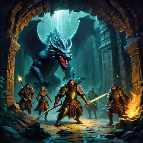 Dungeons & Dragons, aesthetic, dungeons and dragons, A group of adventurers exploring a mystical dungeon, illuminated by flickering torchlight, (dark and gloomy, mysterious ambiance). The walls are covered in intricate, ancient carvings, telling a story of...