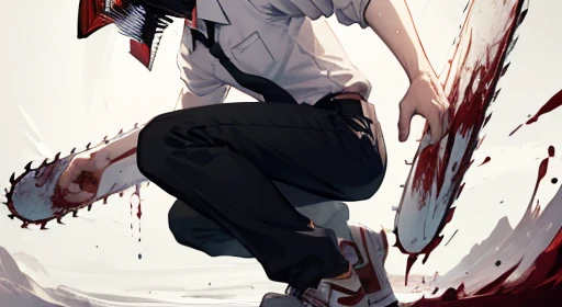 (masterpiece, best quality:1.2), solo, male focus, 1boy, chainsaw man, chainsaw, sharp teeth, open mouth, tongue, white collared shirt, (blood_on_clothes:1.2), black necktie, black pants