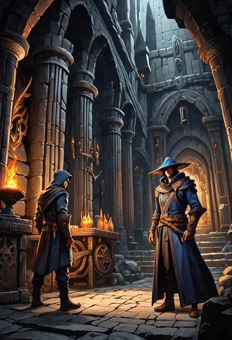 Adventure Story of Mage and male assassin, Adventure team, dark Dungeon, masterpiece, best quality, perfect composition, very aesthetic, absurdres, ultra-detailed, intricate details, Professional, official art, Representative work