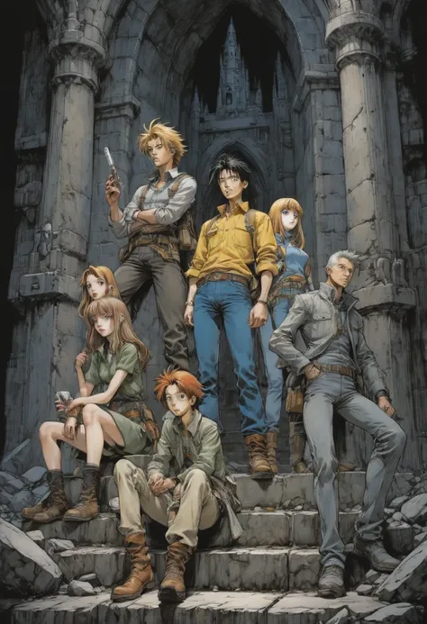 dark Dungeon, Adventure group, by Naoki Urasawa, best quality, masterpiece, very aesthetic, perfect composition, intricate details, ultra-detailed