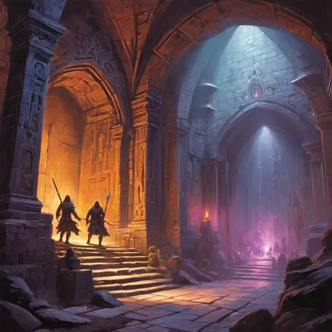 dungeons & dragons, aesthetic, dungeons and dragons, a group of adventurers exploring a mystical dungeon, illuminated by flicker...