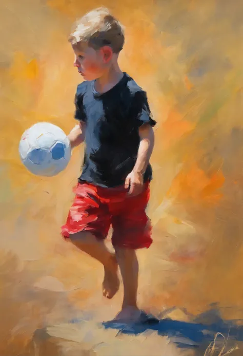 drawing of a boy with red shorts and a black shirt playing ball