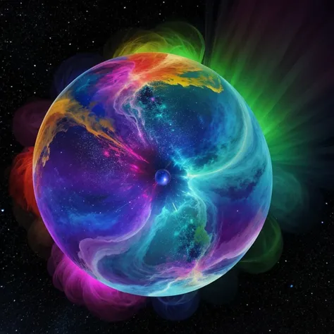 A glowing abstract sphere in flamboyant colors floating in infinite cosmic space