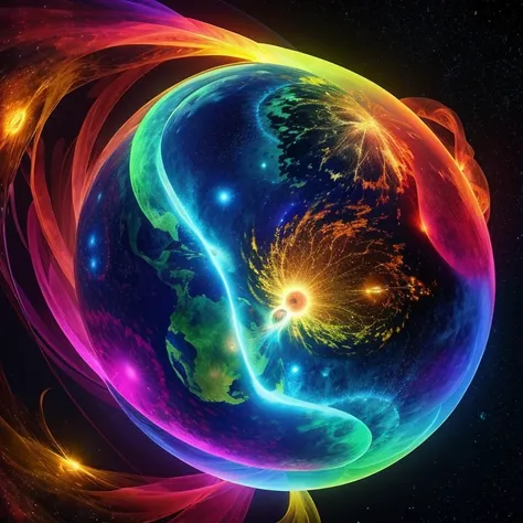 A glowing abstract sphere in flamboyant colors floating in infinite cosmic space