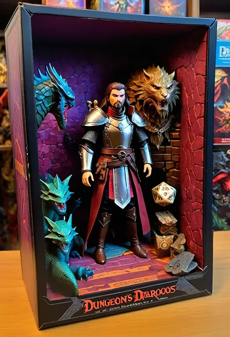 (best quality,4k,8k,highres,masterpiece:1.2),ultra-detailed, Dungeons & Dragons dolls inside a box, product for sale, in the window of a toy store,