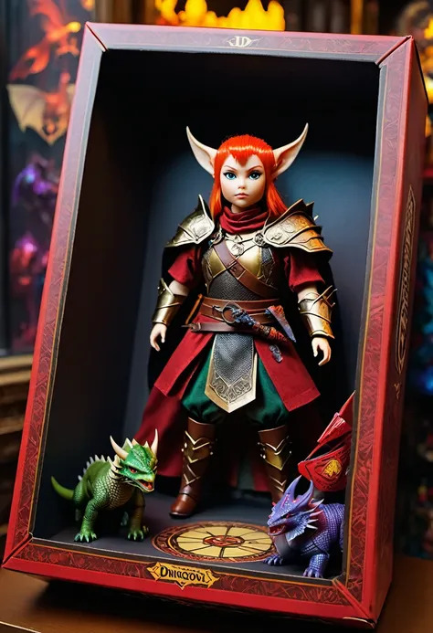 (best quality,4k,8k,highres,masterpiece:1.2),ultra-detailed, Dungeons & Dragons dolls inside a box, product for sale, in the window of a toy store,