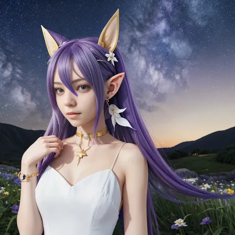 Purple-haired female anime character with elf ears and a blue flower in her hair, wearing a flowing white dress with gold accents bracelets, and a chocker, posing against a starry night sky background, a galaxy