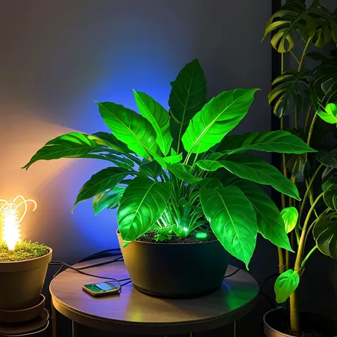 Potted plant with large green leaves and glowing neon light effects emanating from the foliage, placed on a surface with a glowing blue circular light underneath, and an electrical cord extending to the left side, surrouned by a misty haze