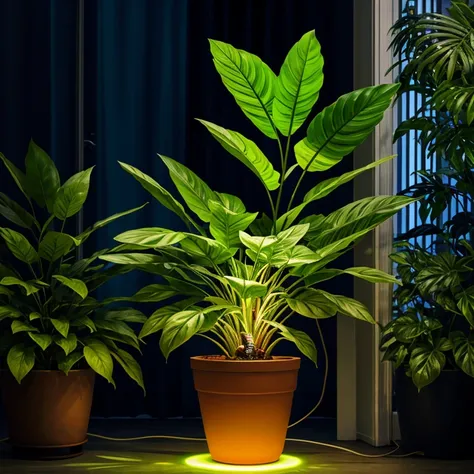 Potted plant with large green leaves and glowing neon light effects emanating from the foliage, placed on a surface with a glowing blue circular light underneath, and an electrical cord extending to the left side, surrouned by a misty haze