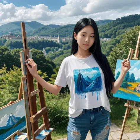 young adult Asian female arstist with long black hair tied up, wearing a withe shirt with blue splatters, holding a paintbrush, standing in front of an easel with a painting, with a scenic backdrop of a castle on a hill, forests, and blue sky with clouds