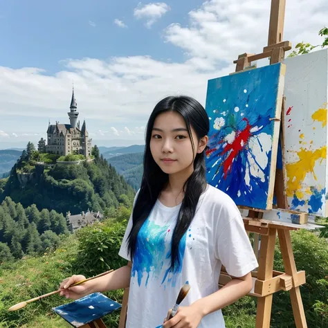 young adult Asian female arstist with long black hair tied up, wearing a withe shirt with blue splatters, holding a paintbrush, standing in front of an easel with a painting, with a scenic backdrop of a castle on a hill, forests, and blue sky with clouds