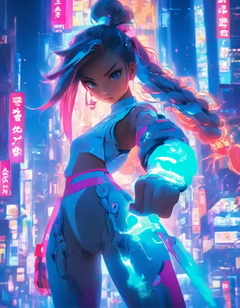 （best quality：1.3），（masterpiece：1.2），16k，level picture quality，future technology，1girl，A Chinese kung fu girl wearing a cyberpunk-style mecha costume，dynamic poses，（glowing electronic screen），（Electronic information flow：1.3），Holographic projection，（Glowin...