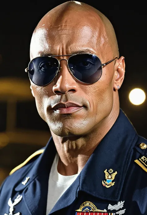 ASCIIup close a Bald head 25 year old Dwayne Johnson wearing teardrop aviator shape ((sunglasses)) Famous celebrity bald head, With tattoos Wearing a(( Air Force uniform)) night scene 