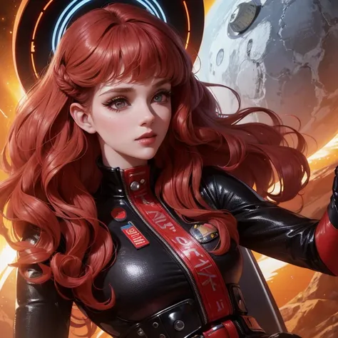 Best quality, 8K, woman space retro futurism, beautiful and detailed face, red curly long hair, bangs,big eyelashes,LOOKING TO observer,TAN bodystocking, black belt,sci-fi RETRO SPACESHIP scenario