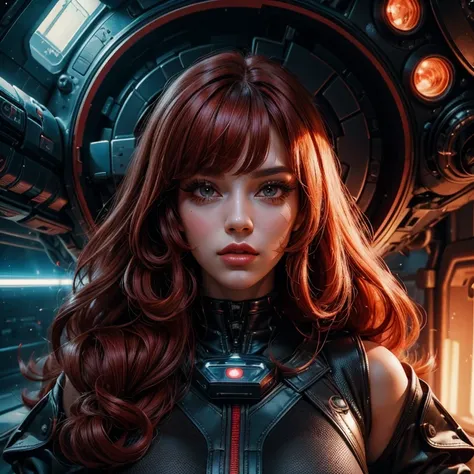 Best quality, 8K, woman space retro futurism, beautiful and detailed face, red curly long hair, bangs,big eyelashes,LOOKING TO observer,TAN bodystocking, black belt,sci-fi RETRO SPACESHIP scenario