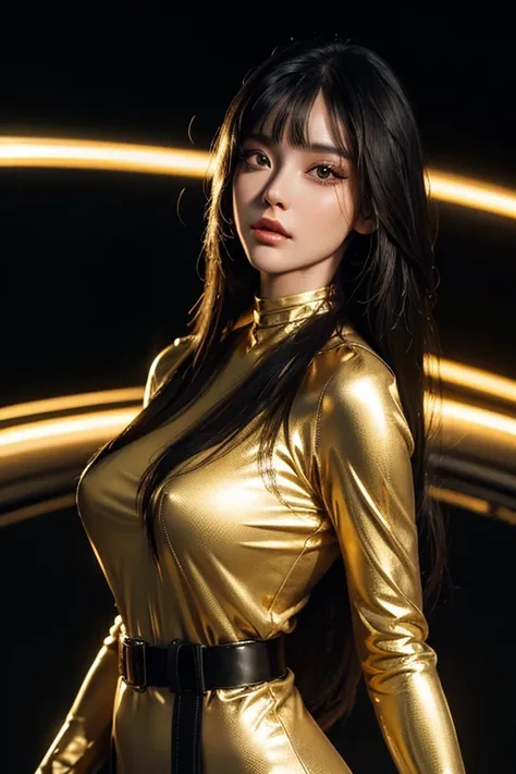 Best quality, 8K, woman space retro futurism, beautiful and detailed face, black straight long hair, bangs,big eyelashes,LOOKING TO observer,LIGHT TAN bodystocking, gold belt,sci-fi RETRO SPACESHIP scenario