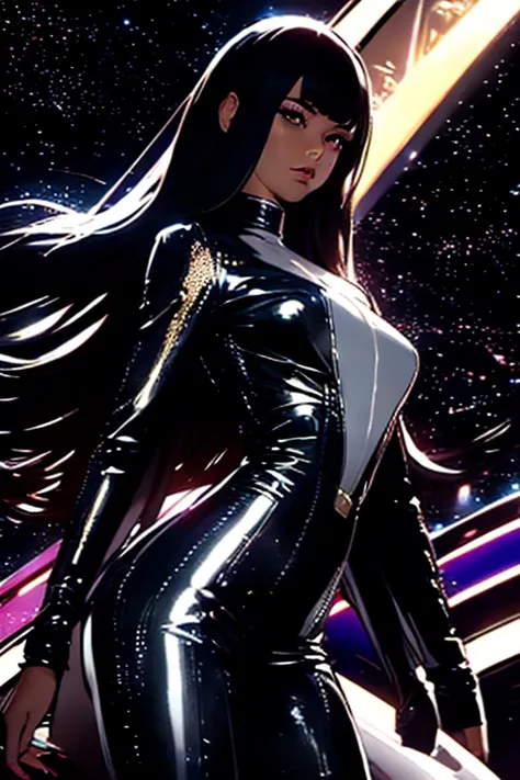 Best quality, 8K, woman space retro futurism, beautiful and detailed face, black straight long hair, bangs,big eyelashes,LOOKING TO observer,LIGHT TAN bodystocking, gold belt,sci-fi RETRO SPACESHIP scenario