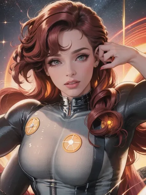 Best quality, 8K, woman space retro futurism, beautiful and detailed face, red curly long hair, bangs,big eyelashes,LOOKING TO observer,TAN bodystocking, black belt,sci-fi RETRO SPACESHIP scenario