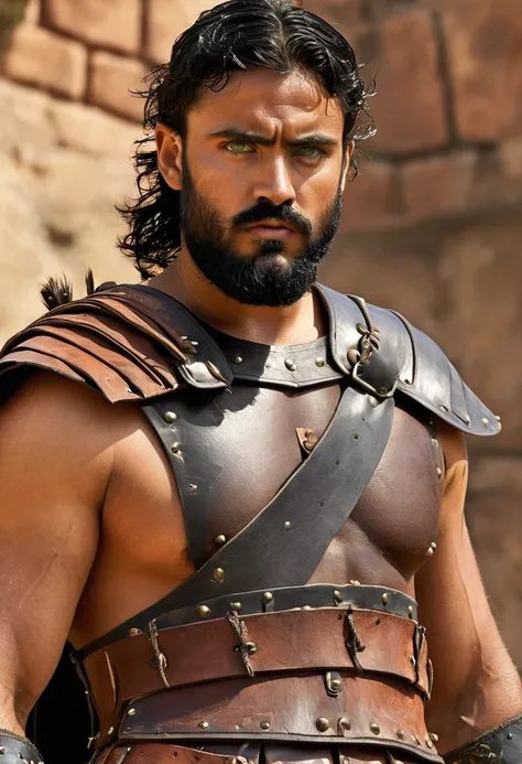 masterpiece, high quality, best quality, beautiful, hd, realistic, perfect lighting, detailed face, detailed body, 1 man, solo, black hair, green eyes, long black beard, brown and worn leather clothing gladiator style: 1.4), leather breastplate, 1 wooden s...