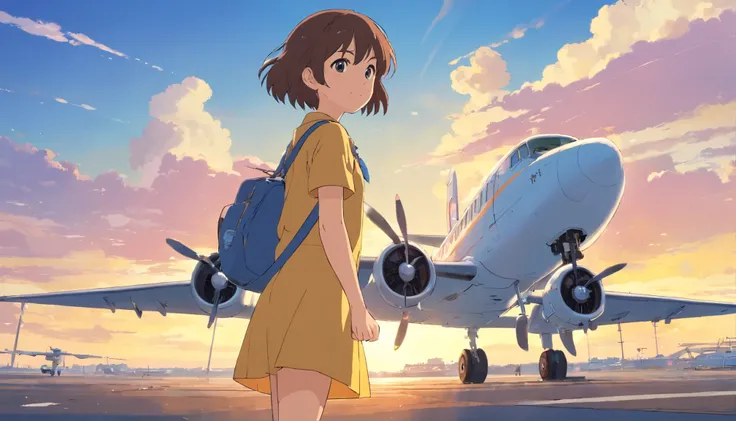 makoto shinkai,Makoto Shinkai&#39;s style,teenage girl,Japanese,depart by plane,airfield