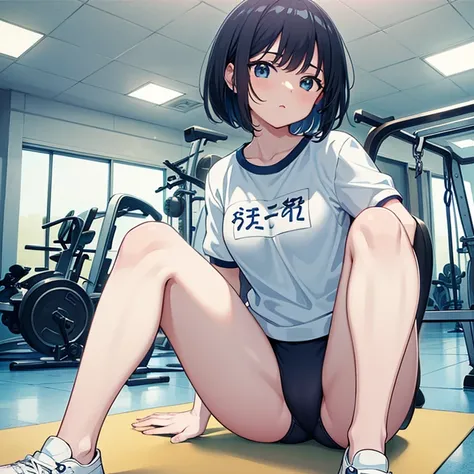 (master piece, high quality)、anime girl sitting on a mat, しゃがむbeautifulアニメの女の子, anime girl squatting, anime moe art style, at the gym, thighs!!!, strongest pose, Smooth anime CG art, thighs!!!!!!, buruma, navy color buruma, black hair、shortcut、bob cut、youn...