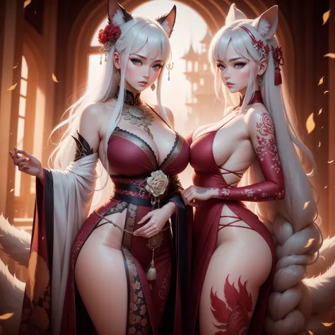 REALISTIC VISION 1.4, BETTER VAE,sharp focus, ultra detail, 32k,realistic photo, intricate details, kitsune, intricate details ,woman, nine tails,intricate details,intricate details,big , Voluptuous body, intricate details, Miko,clothes long white dress wi...